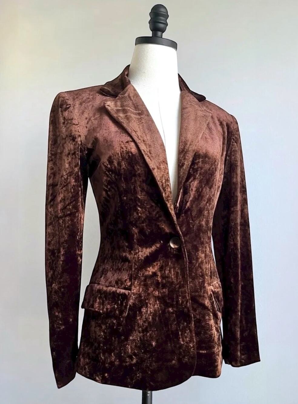 Vintage 90s Crushed Velvet Blazer | Chocolate Brown Velour Tailored Jacket | S